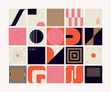 Neo Modernizm, soyut vektör geometrik şekil ve formlarla yapılmış. Basit form cesur grafik tasarımı, web sanatı, davetiye kartları, posterler, baskılar, tekstil, arka plan için kullanışlı.