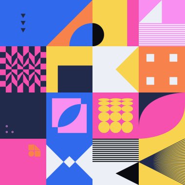 Geçmişe dönük parlak neon renkli geometrik şekilli vektör soyut sembolleri, web arkaplanı, poster sanat tasarımı, dergi ön sayfası, yüksek teknoloji baskısı, kapak resmi.