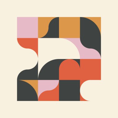 Basit şekilleri ve güzel renk paleti olan yüzyılın ortası geometrik soyut deseni. Basit geometrik desen kompozisyonu, web tasarımında en iyi kullanım alanı, kartvizit, davetiye, poster, tekstil baskısı.