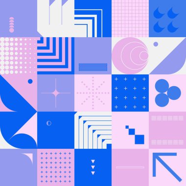 Geçmişe dönük parlak neon renkli geometrik şekilli vektör soyut sembolleri, web arkaplanı, poster sanat tasarımı, dergi ön sayfası, yüksek teknoloji baskısı, kapak resmi.