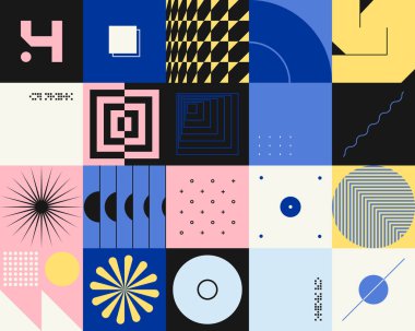 Neo Modernizm, soyut vektör geometrik şekil ve formlarla yapılmış. Basit form cesur grafik tasarımı, web sanatı, davetiye kartları, posterler, baskılar, tekstil, arka plan için kullanışlı.