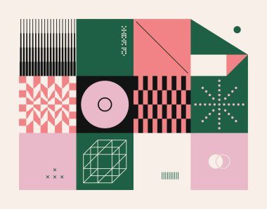 Neo Modernizm, soyut vektör geometrik şekil ve formlarla yapılmış. Basit form cesur grafik tasarımı, web sanatı, davetiye kartları, posterler, baskılar, tekstil, arka plan için kullanışlı.