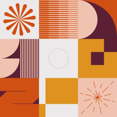 Basit şekilleri ve güzel renk paleti olan yüzyılın ortası geometrik soyut deseni. Basit geometrik desen kompozisyonu, web tasarımında en iyi kullanım alanı, kartvizit, davetiye, poster, tekstil baskısı.