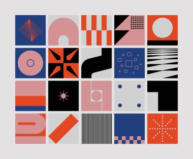 Neo Modernizm, soyut vektör geometrik şekil ve formlarla yapılmış. Basit form cesur grafik tasarımı, web sanatı, davetiye kartları, posterler, baskılar, tekstil, arka plan için kullanışlı.