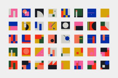 Bauhaus inspired abstract vector shapes collection of made with bold geometric forms, simple elements, lines and shapes, useful for web design, poster art, decorative print, banner cover, background. clipart