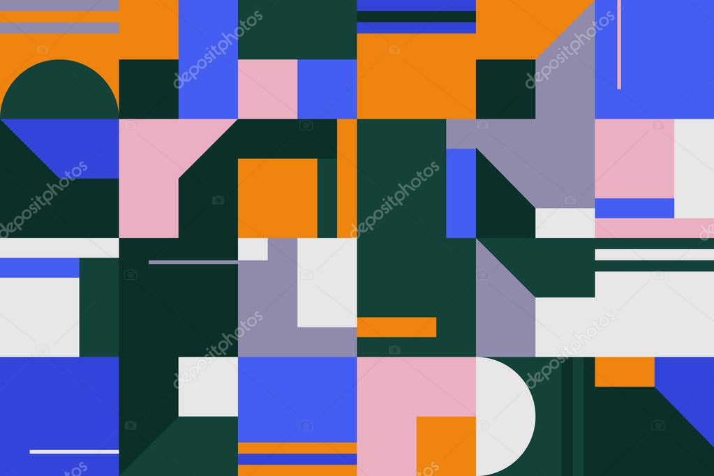 Deconstructed postmodern inspired artwork of vector abstract symbols with bold geometric shapes, useful for web background, poster art design, magazine front page, prints, cover artwork.