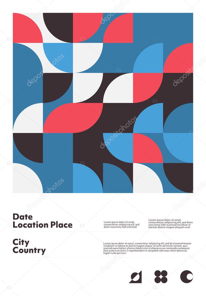 Abstract geometrical poster design layout with editable text and graphics. Swiss geometry composition artwork with simple vector shapes. Useful for poster design, presentation backdrop, A4 size flyer.