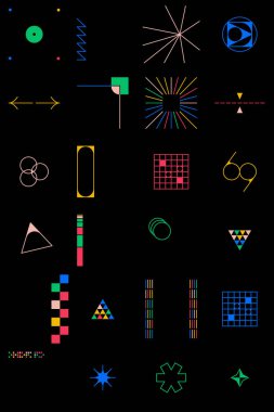 Parlak neon renkli geometrik şekillere sahip vektör soyut sembollerin lineer esinlenilmiş sanat eserleri, web arkaplanı, poster tasarımı, dergi ön sayfası, yüksek teknoloji baskı, kapak resmi.