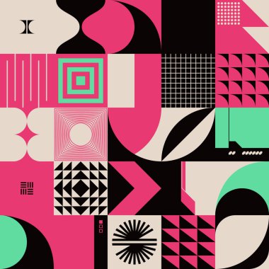 Geçmişe dönük parlak neon renkli geometrik şekilli vektör soyut sembolleri, web arkaplanı, poster sanat tasarımı, dergi ön sayfası, yüksek teknoloji baskısı, kapak resmi.