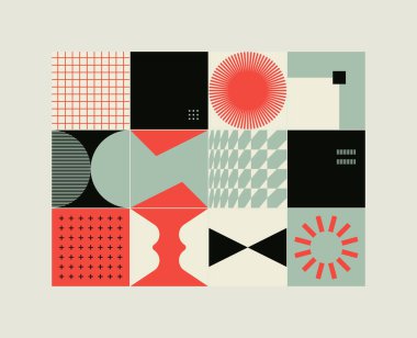 Neo Modernizm, soyut vektör geometrik şekil ve formlarla yapılmış. Basit form cesur grafik tasarımı, web sanatı, davetiye kartları, posterler, baskılar, tekstil, arka plan için kullanışlı.