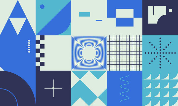 Цифровой коллаж векторных абстрактных технологических элементов, выполненных с ярко окрашенными геометрическими формами, полезных для веб-фона, дизайна плакатов, первой страницы журнала, высокотехнологичной печати, обложки.