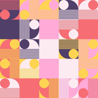 Basit şekilleri ve güzel renk paleti olan yüzyılın ortası geometrik soyut deseni. Basit geometrik desen kompozisyonu, web tasarımında en iyi kullanım alanı, kartvizit, davetiye, poster, tekstil baskısı.