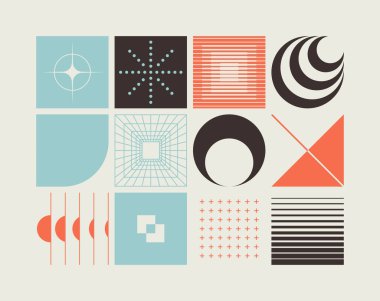 Geçmişe dönük parlak neon renkli geometrik şekilli vektör soyut sembolleri, web arkaplanı, poster sanat tasarımı, dergi ön sayfası, yüksek teknoloji baskısı, kapak resmi.