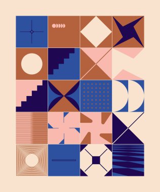 İskandinav esinlenilmiş çizimler basit geometrik şekiller ve renkli şekillerle yapılmış. Soyut vektör bileşimi, arka planlar için kullanışlı, poster tasarımı, kumaş baskıları, davet.