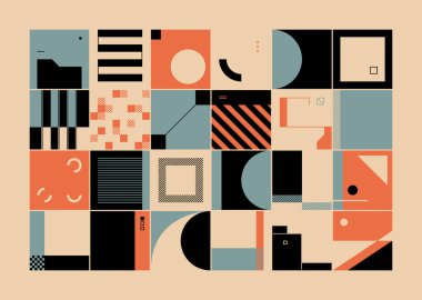 Geçmişe dönük parlak neon renkli geometrik şekilli vektör soyut sembolleri, web arkaplanı, poster sanat tasarımı, dergi ön sayfası, yüksek teknoloji baskısı, kapak resmi.