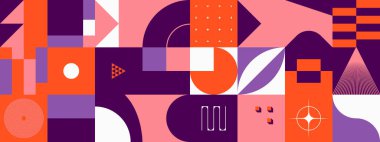 Basit geometrik şekil ve formlarla yatay soyut vektör deseni. Grafik ögelerinin uzun kompozisyonu, web tasarımı, iş sunumu, web sitesi başlığı, davet arkaplanı için kullanışlı.