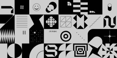 Geometrik şekil ve formlarla yapılmış vektör soyut bilgi elementlerinin duoton renkli dijital kolajı, web arkaplanı, web başlığı, poster tasarımı, dijital baskı, kapak resmi.