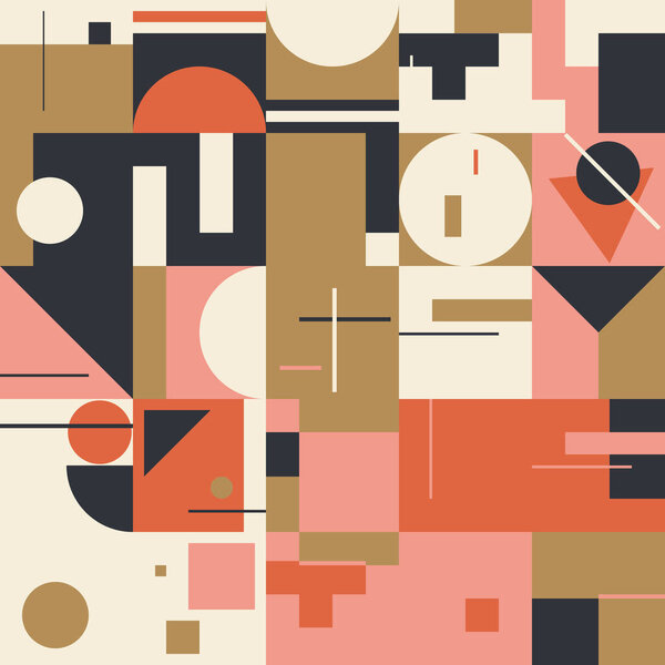 Композиция Bauhaus, выполненная с векторными абстрактными элементами, линиями и жирными геометрическими фигурами, полезна для фона сайта, дизайна плакатов, обложки журналов, баннеров, принтов.