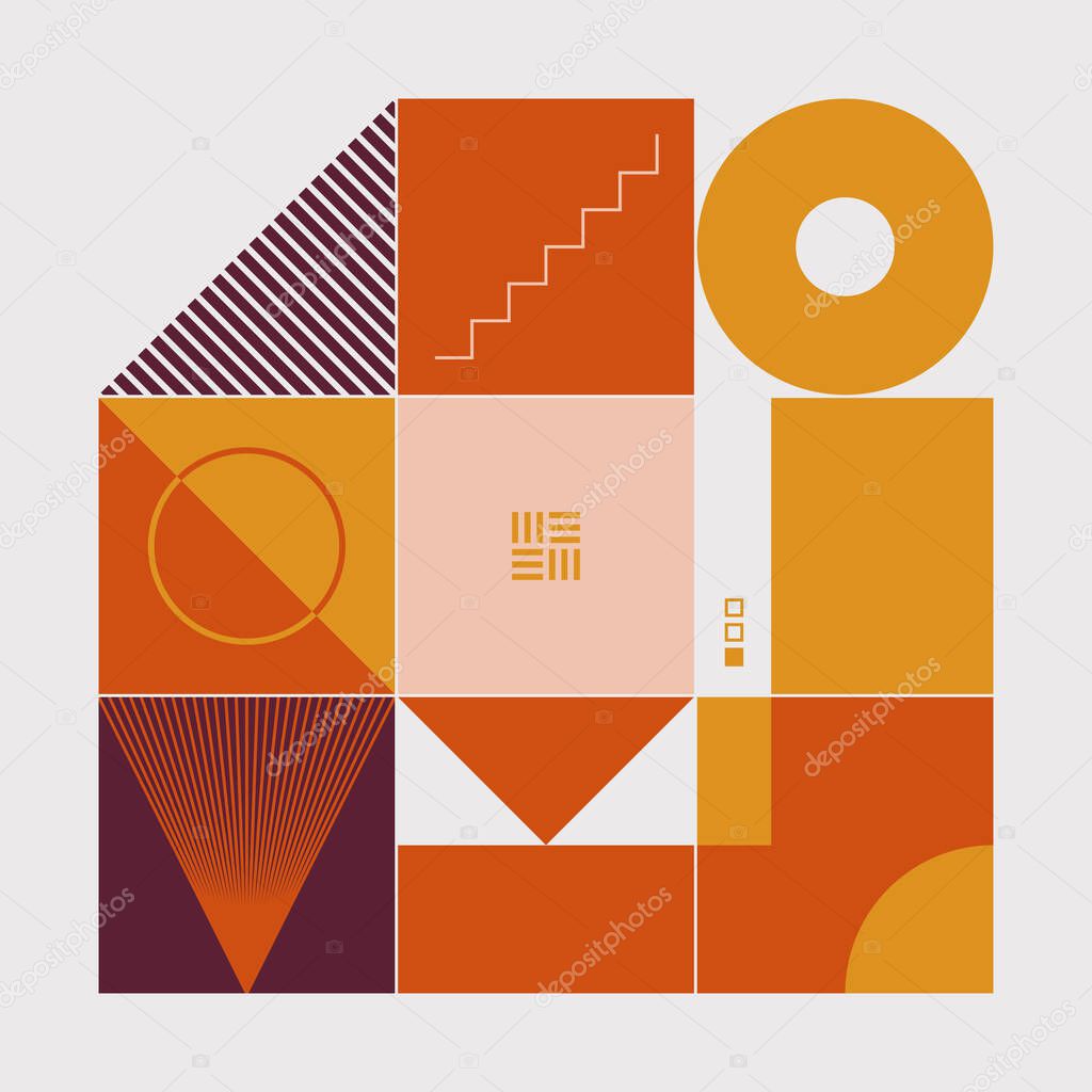 Bauhaus composition artwork made with vector abstract elements, lines and bold geometric shapes, useful for website background, poster art design, magazine front page, banners, prints cover.