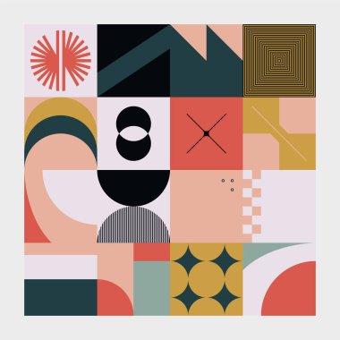 İskandinav esinlenilmiş çizimler basit geometrik şekiller ve renkli şekillerle yapılmış. Soyut vektör bileşimi, arka planlar için kullanışlı, poster tasarımı, kumaş baskıları, davet.