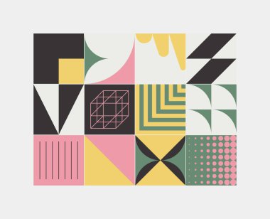 Geçmişe dönük parlak neon renkli geometrik şekilli vektör soyut sembolleri, web arkaplanı, poster sanat tasarımı, dergi ön sayfası, yüksek teknoloji baskısı, kapak resmi.