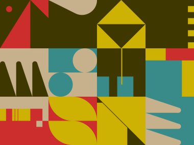 Basit şekilleri ve güzel renk paleti olan yüzyılın ortası geometrik soyut deseni. Basit geometrik desen kompozisyonu, web tasarımında en iyi kullanım alanı, kartvizit, davetiye, poster, tekstil baskısı.