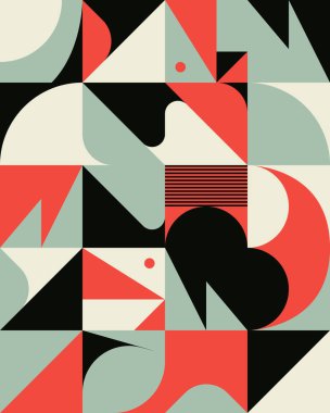 İskandinav esinlenilmiş çizimler basit geometrik şekiller ve renkli şekillerle yapılmış. Soyut vektör bileşimi, arka planlar için kullanışlı, poster tasarımı, kumaş baskıları, davet.