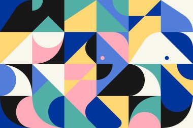 İskandinav esinlenilmiş çizimler basit geometrik şekiller ve renkli şekillerle yapılmış. Soyut vektör bileşimi, arka planlar için kullanışlı, poster tasarımı, kumaş baskıları, davet.