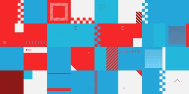 Parlak renkli geometrik şekillerle yapılmış vektör soyut teknolojik elementlerin dijital kolajı, web arkaplanı, poster tasarımı, dergi ön sayfası, yüksek teknoloji baskısı, kapak resmi.