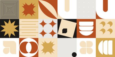 Basit şekilleri ve güzel renk paleti olan yüzyılın ortası geometrik soyut deseni. Basit geometrik desen kompozisyonu, web tasarımında en iyi kullanım alanı, kartvizit, davetiye, poster, tekstil baskısı.