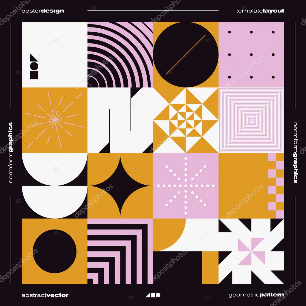 Brutalism inspired graphic design of vector poster cover layout made with vector abstract elements and geometric shapes, useful for poster art, website headers, front page design, decorative prints.