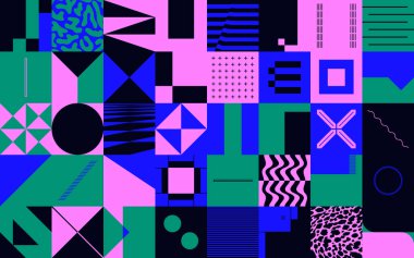 Basit geometrik soyut vektör deseni, basit şekil ve parlak neon renklerle. Geometrik grafik kompozisyonu, web tasarımı, kartvizit, davetiye, poster, tekstil baskısı, arkaplan.