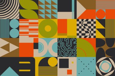 Geçmişe dönük soyut vektör sembolleri, pastel renkli geometrik şekiller, web arkaplanı için kullanışlı, poster tasarımı, dergi ön sayfası, retro baskılar, kapak resmi.