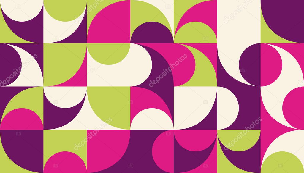 Seamless geometric pattern design artwork with simple geometrical forms. Circular geometric vector graphic with great color palette, useful for poster design, fabric print, wallpaper, wrapping paper.
