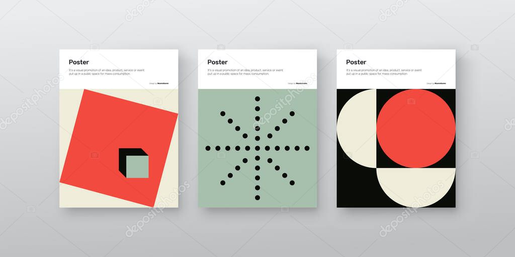 Bauhaus inspired graphic design of vector poster mockup collection created with vector abstract elements, lines and bold geometric shapes, useful for poster art, front page design, decorative prints.
