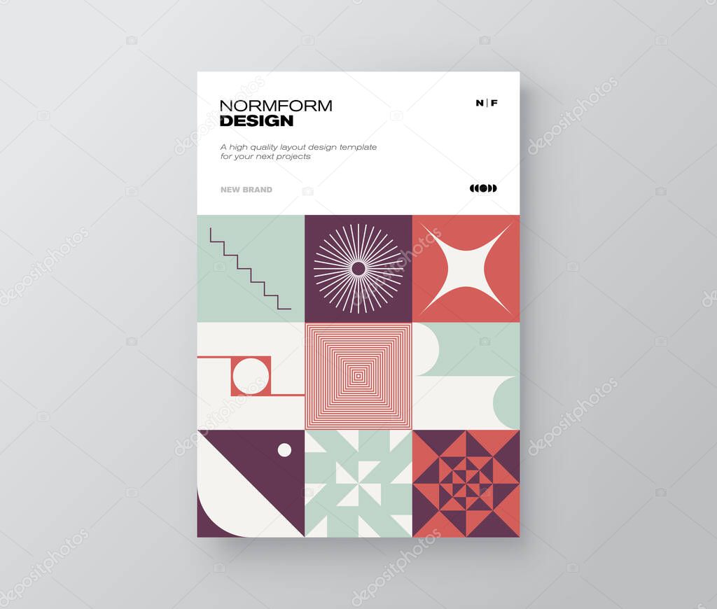 Postmodern graphic design of A4 size vector cover mockup created in modernism and minimalistic brutalism style, useful for poster art, magazine front page, decorative print, web banner artwork.