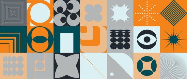 Basit şekilleri ve güzel renk paleti olan yüzyılın ortası geometrik soyut deseni. Basit geometrik desen kompozisyonu, web tasarımında en iyi kullanım alanı, kartvizit, davetiye, poster, tekstil baskısı.