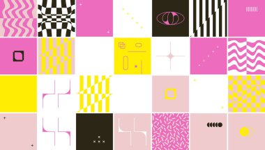 Geometrik şekil ve formlarla yapılmış basit vektör desenlerinin dijital grafik tasarımı, web sitesi başlığı, iş kartı, davetiye, poster, tekstil baskısı, arkaplan.