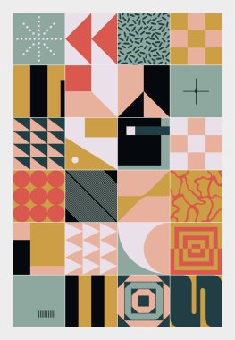 Basit şekilleri ve güzel renk paleti olan yüzyılın ortası geometrik soyut deseni. Basit geometrik desen kompozisyonu, web tasarımında en iyi kullanım alanı, kartvizit, davetiye, poster, tekstil baskısı.