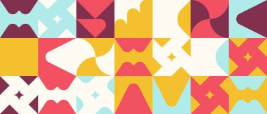 Basit şekiller ve parlak ve canlı renklerden oluşan soyut geometrik vektör deseni. Geometrik kompozisyon, web tasarımı için kullanışlı, kartvizit, davet, poster, tekstil baskısı, arkaplan.