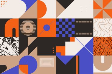 Soyut dekonstrüksiyon şekilleriyle dijital kolaj vektör çizimleri ve çeşitli arkaplanlar, poster sanatı, tekstil tasarımı, dekoratif baskılar, davetiye mektupları vs. için harika grafikler..