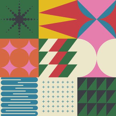 Basit şekilleri ve güzel renk paleti olan yüzyılın ortası geometrik soyut deseni. Basit geometrik desen kompozisyonu, web tasarımında en iyi kullanım alanı, kartvizit, davetiye, poster, tekstil baskısı.