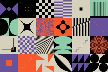 Bauhaus kompozisyon çizimleri, vektör soyut elementleri, çizgiler ve kalın geometrik şekiller, web sitesi arka planı için kullanışlı, poster tasarımı, dergi ön sayfası, afişler, baskılar, kapaklar.