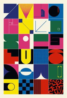 Neo Modernizm, soyut vektör geometrik şekil ve formlarla yapılmış. Basit form cesur grafik tasarımı, web sanatı, davetiye kartları, posterler, baskılar, tekstil, arka plan için kullanışlı.