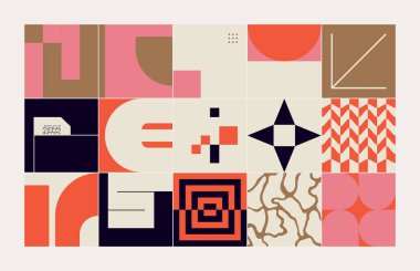 İskandinav esinlenilmiş çizimler basit geometrik şekiller ve renkli şekillerle yapılmış. Soyut vektör bileşimi, arka planlar için kullanışlı, poster tasarımı, kumaş baskıları, davet.