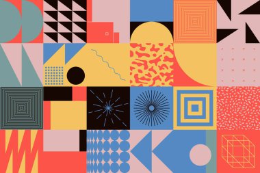 Neo Modernizm, soyut vektör geometrik şekil ve formlarla yapılmış. Basit form cesur grafik tasarımı, web sanatı, davetiye kartları, posterler, baskılar, tekstil, arka plan için kullanışlı.