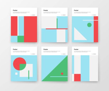 Bauhaus inspired graphic design of vector poster mockup collection created with vector abstract elements, lines and bold geometric shapes, useful for poster art, front page design, decorative prints. clipart