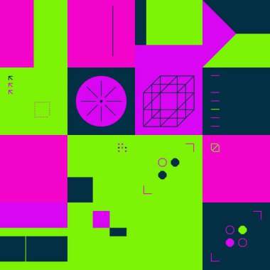 Parlak renkli geometrik şekillerle yapılmış vektör soyut teknolojik elementlerin dijital kolajı, web arkaplanı, poster tasarımı, dergi ön sayfası, yüksek teknoloji baskısı, kapak resmi.