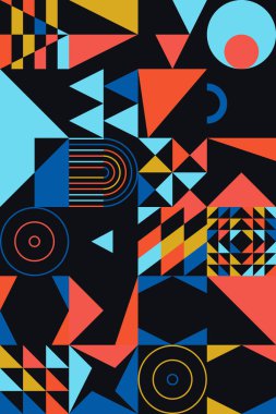 Basit şekilleri ve figürleri olan geometrik çizimler. Geometrik şekilli ve elementli soyut desenler. Web afişi, iş sunumu, marka paketi, kumaş baskısı için mükemmel.
