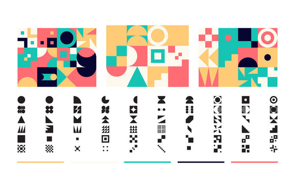 Abstract vector shapes collection of naive hand-drawn elements and simple geometrical forms, useful for web design, poster art, textile design, decorative print, invitation letter, background.